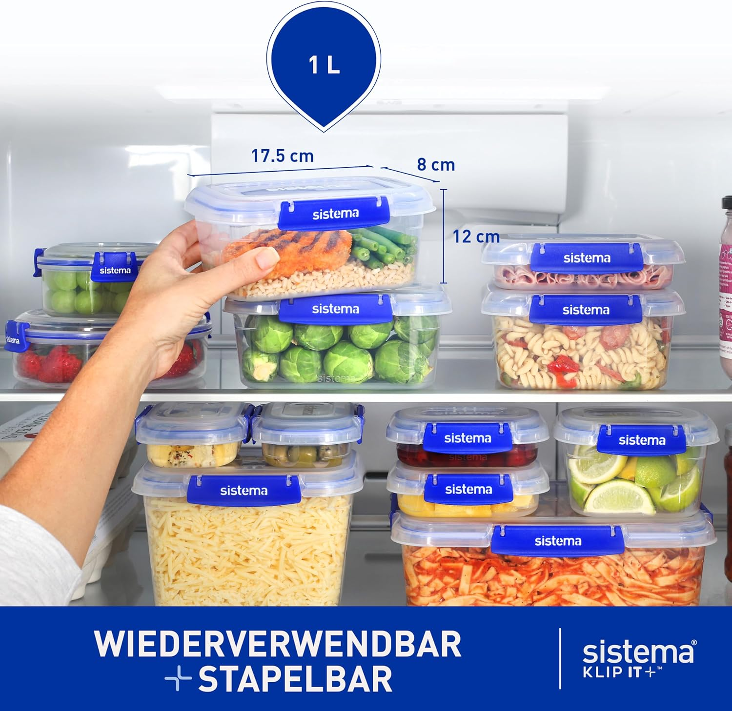 Sistema KLIP IT PLUS Leakproof Food Storage Containers | 1 L | AirtightStackable & Nestable Meal Prep Containers with Lids | School Lunch Boxes | 3 Count - Image 4