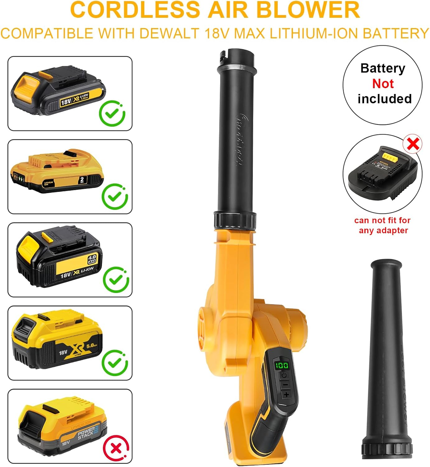 Cordless Air Leaf Blower for Dewalt 18V Battery, Electric Jobsite Air Blower Powerful for Garden Lawn Care Leaf Snow Blowing,Car Computer Dust Cleaner (Tool Only,no Battery). - Image 2
