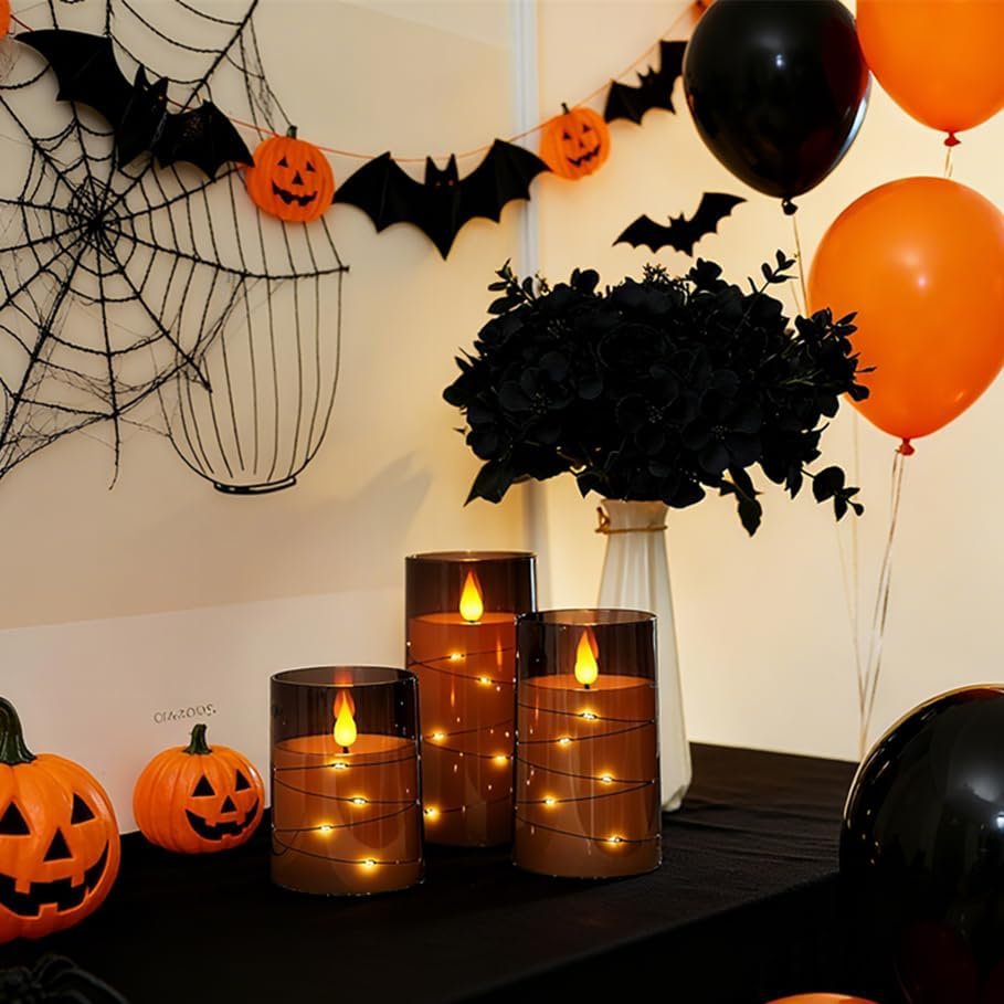 Homemory Grey Flameless Candles Flickering with String Lights, Set of 3 - Image 4