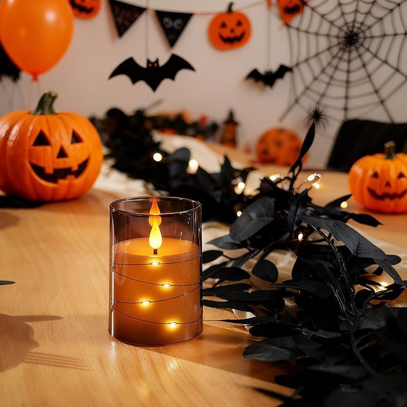 Homemory Grey Flameless Candles Flickering with String Lights, Set of 3 - Image 3