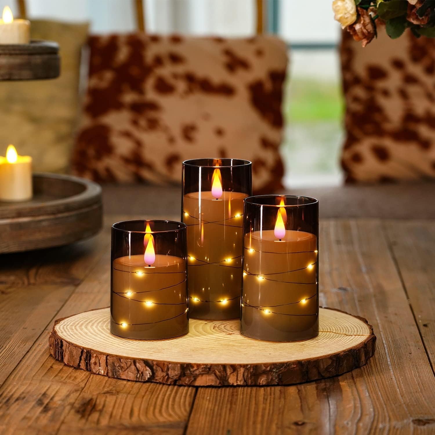Homemory Grey Flameless Candles Flickering with String Lights, Set of 3 - Image 2