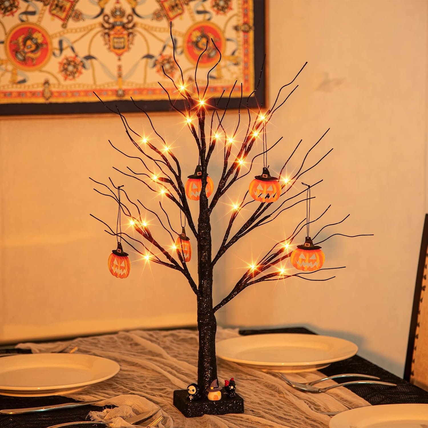 EAMBRITE Small Black Glitter Halloween Tree Light with 24 Orange LEDs Battery Operated 6cm 2ft - Image 5