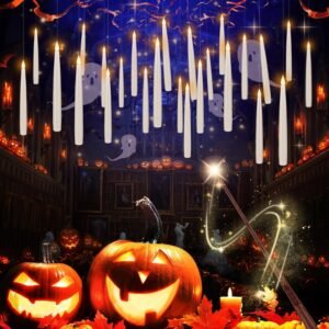 LIVEN 24 Pcs Halloween LED Magic Hanging Floating Candles, Taper Flickering Flameless with 2 Magic Wands
