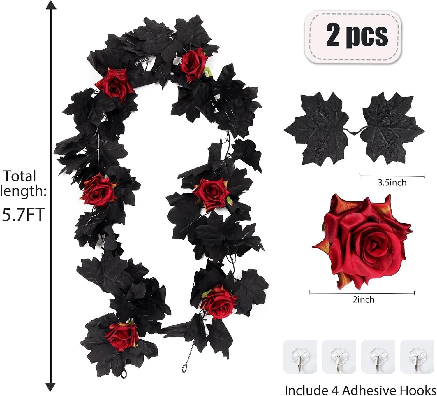 RECUTMS 2pcs Artificial Black Garland Rose Black Halloween Decorations - Image 6