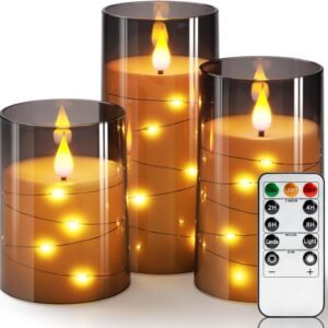 Homemory Grey Flameless Candles Flickering with String Lights, Set of 3