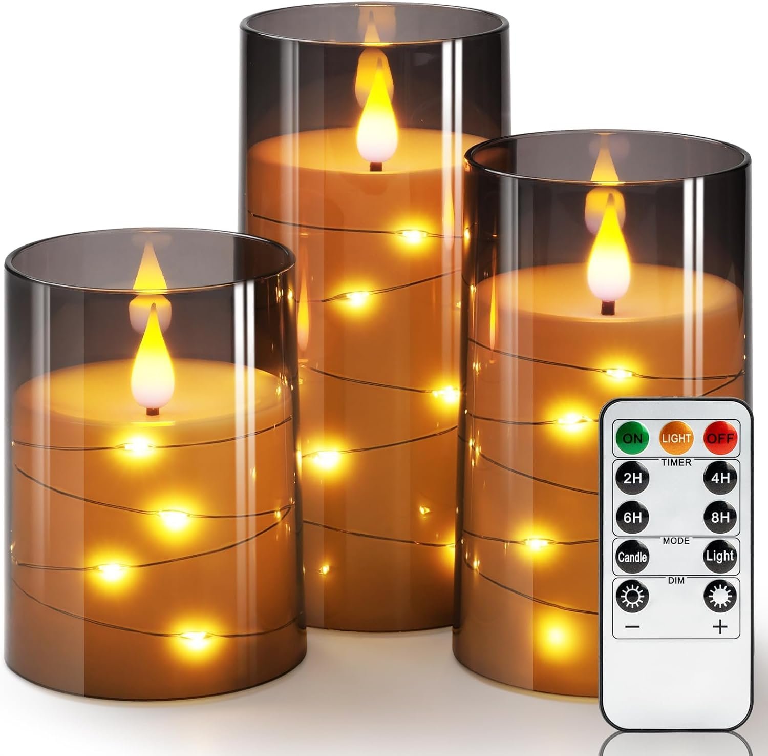 Homemory Grey Flameless Candles Flickering with String Lights, Set of 3