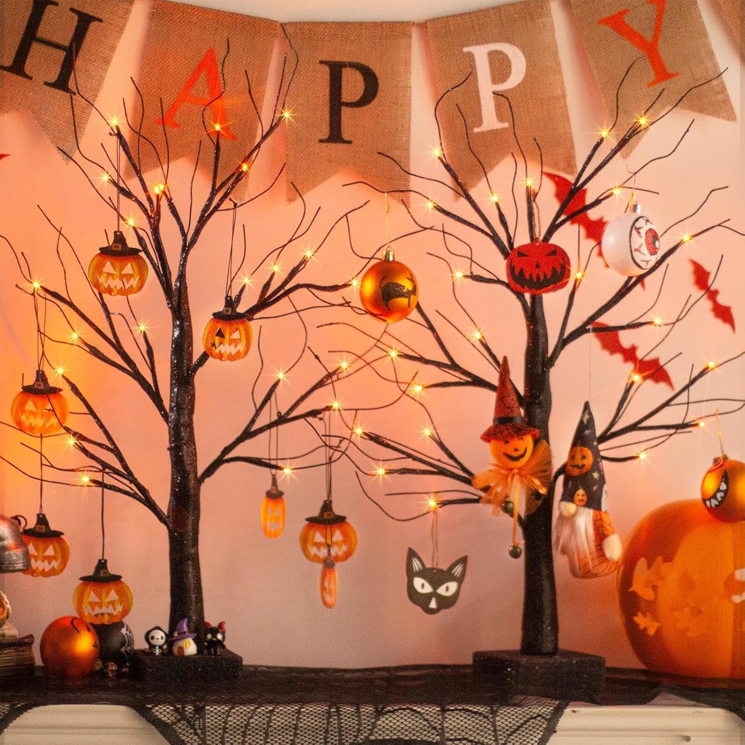 EAMBRITE Small Black Glitter Halloween Tree Light with 24 Orange LEDs Battery Operated 6cm 2ft - Image 2