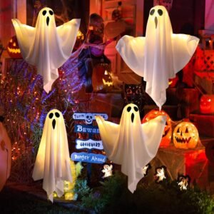 4 Pack Halloween Ghost Decorations with LED Lights,Light Up Hanging Ghost Decorv