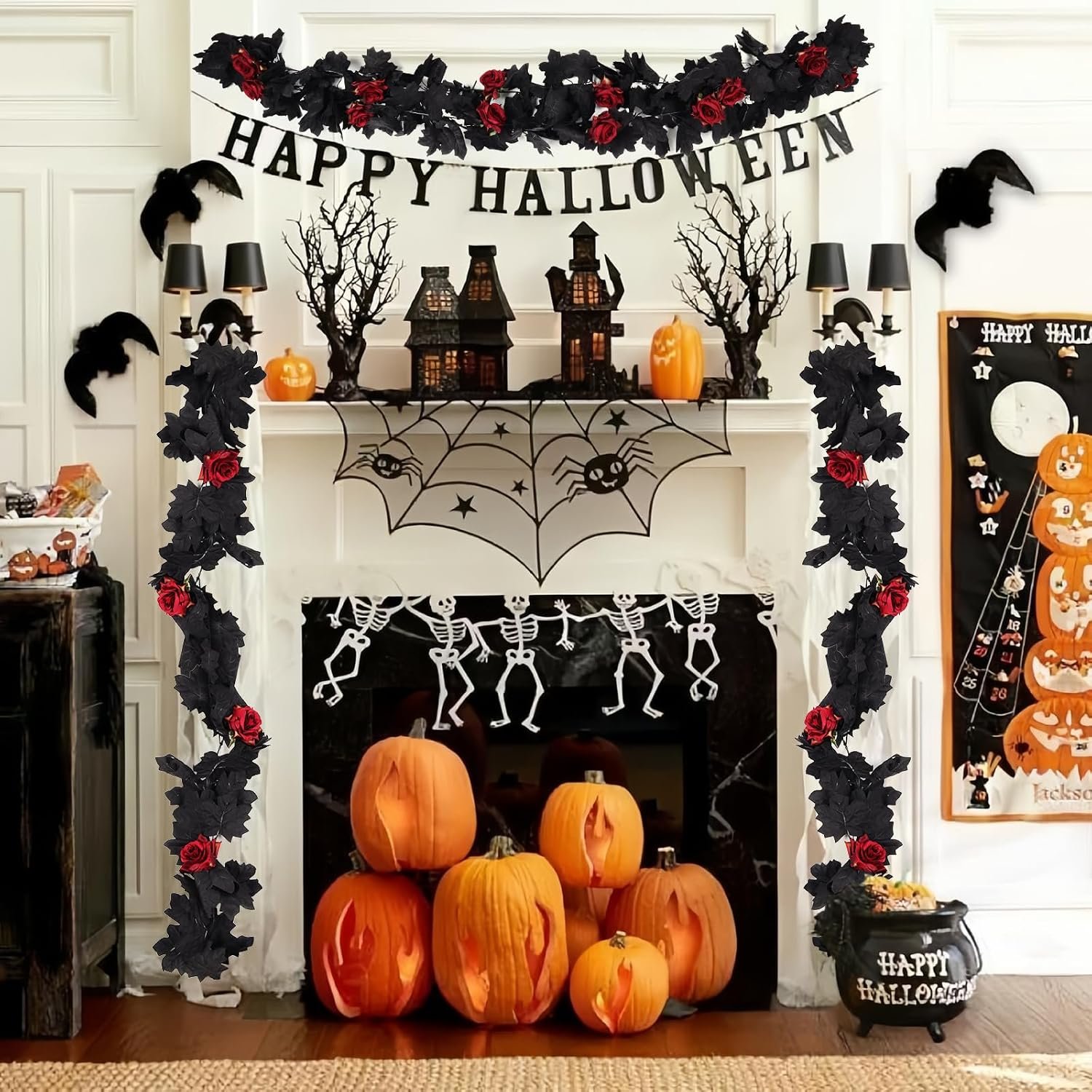 RECUTMS 2pcs Artificial Black Garland Rose Black Halloween Decorations - Image 3