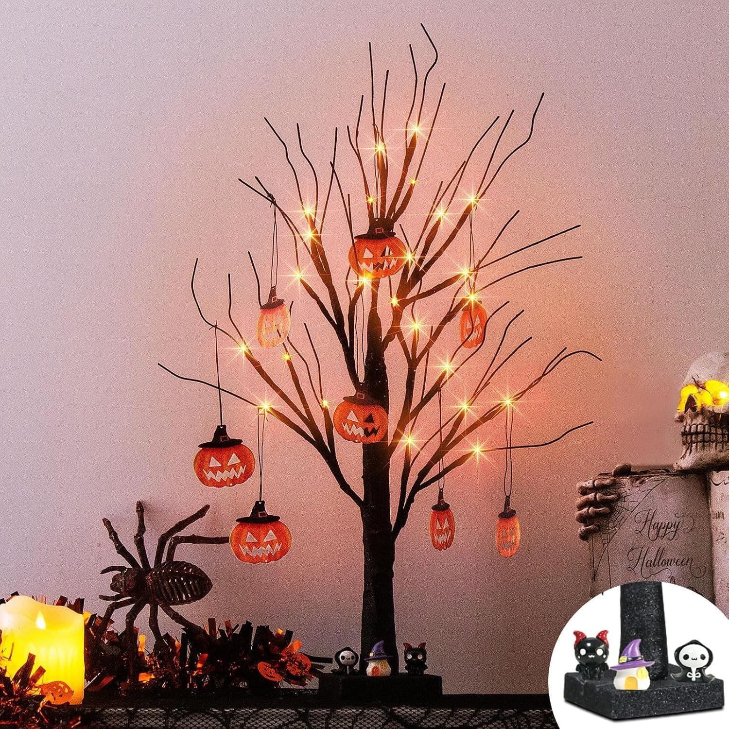 EAMBRITE Small Black Glitter Halloween Tree Light with 24 Orange LEDs Battery Operated 6cm 2ft - Image 4